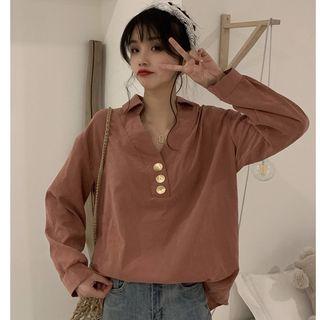 Retro V-neck Plain Shirt Top