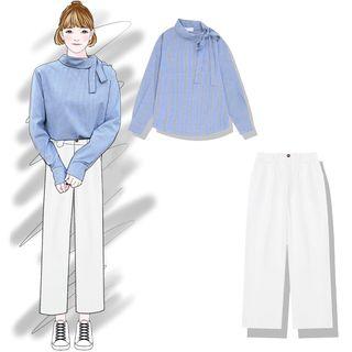 Tie Neck Pinstriped Blouse / Straight Fit Pants