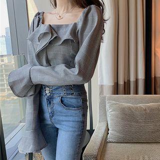 Bell-sleeve Plaid Top Plaid - One Size