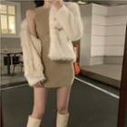 Fluffy Jacket / Sleeveless Mini Sheath Dress