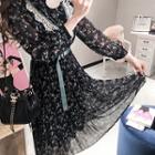 Lace-trim Floral Print Chiffon Dress With Belt