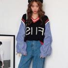 Mock Two-piece Striped Panel Lettering Sweater