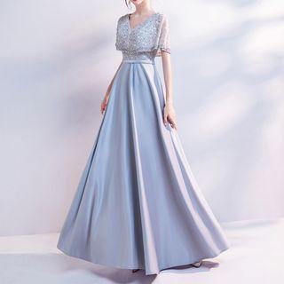 Embroidered Capelet Short-sleeve A-line Evening Gown