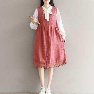 Lace Trim Button Down Sleeveless A-line Midi Dress