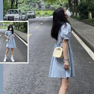 Puff-sleeve Collared A-line Eyelet Lace Dress