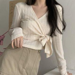 Plain V-neck Long-sleeve Cropped T-shirt