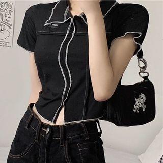 Short Sleeve Stitched Trim Crop T-shirt Black - One Size