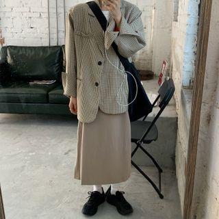 Single Breasted Plaid Blazer / High-waist Plain Skirt