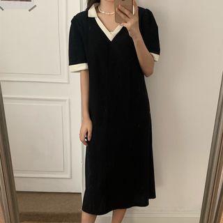 Short-sleeve V-neck Knit Midi A-line Dress Black - One Size