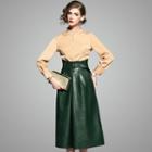 Set: Plain Blouse + Faux Leather Midi A-line Skirt
