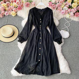 V-neck Plain Single-breasted Flare Long-sleeve Dress