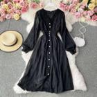 V-neck Plain Single-breasted Flare Long-sleeve Dress