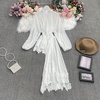 Asymmetrical Lace Trim Puff-sleeve Blouse