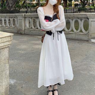 Long-sleeve Mock Two-piece Lace Up Midi Dress White - One Size