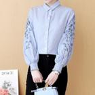 Puff-sleeve Striped Floral Embroidered Shirt
