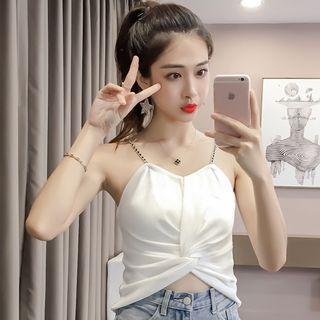 Chain Strap Knotted Knit Cropped Top