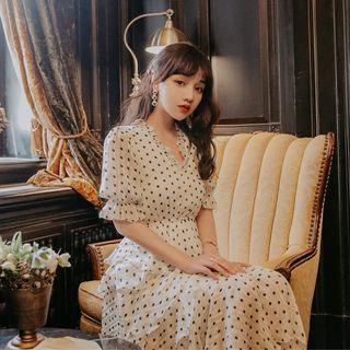 Short-sleeve Maxi Dotted Layered Dress