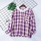 Dog Embroidered Plaid Blouse Plaid - Purple & White - One Size