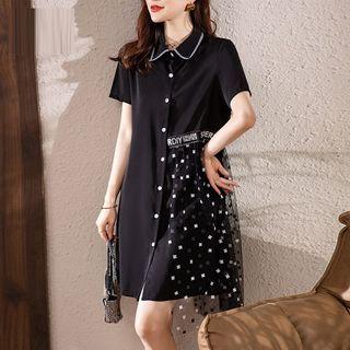 Short-sleeve Dotted Mesh Panel Shirt Dress