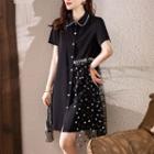 Short-sleeve Dotted Mesh Panel Shirt Dress