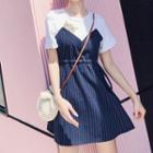 Short-sleeve Cat Print Striped A-line Mini Dress