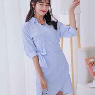 Striped Elbow-sleeve Tie-waist Dress