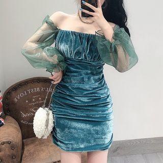 Mesh Panel Shirred Velvet Mini Bodycon Dress