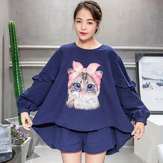 Set: Cat Print Bow Back Long-sleeve Top + Shorts