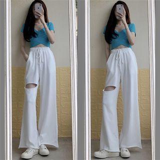 Short-sleeve Cropped Top / Drawstring High-waist Ripped Wide-leg Pants