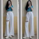 Short-sleeve Cropped Top / Drawstring High-waist Ripped Wide-leg Pants