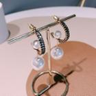 Faux Pearl Rhinestone Open Hoop Earring 1 Pair - Dark Blue & White - One Size