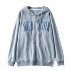 Letter Embroidered Zip Hoodie Airy Blue - One Size