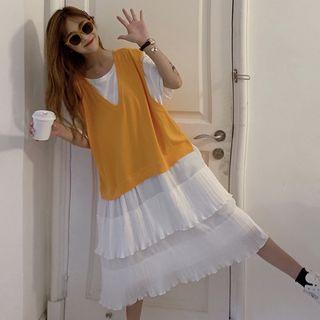 Mock Two-piece Elbow-sleeve Frill Trim Chiffon Midi Dress