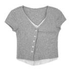 Short-sleeve Mock Two-piece V-neck Top Gray - One Size
