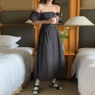 Puff-sleeve Off-shoulder Plaid Midi A-line Dress
