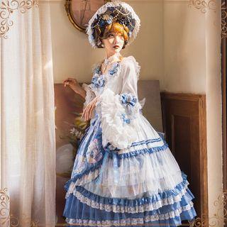 Long-sleeve Print A-line Dress / Choker / Hat / Set
