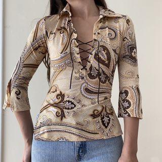 Bell-sleeve Floral Print V-neck Lace-up Crop Top