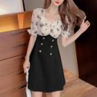 Short Sleeve Floral Panel Double Breasted Chiffon Dress