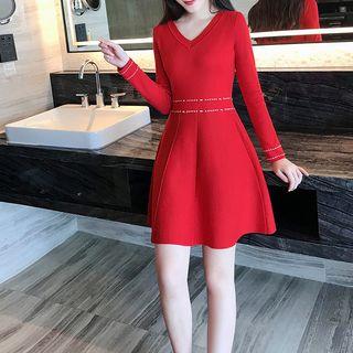 Knit Plain V-neck Long-sleeve Mini A-line Dress