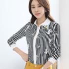 Striped Long Sleeve Lace Embroidered Shirt