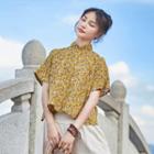 Floral Stand-collar Short Sleeve Blouse