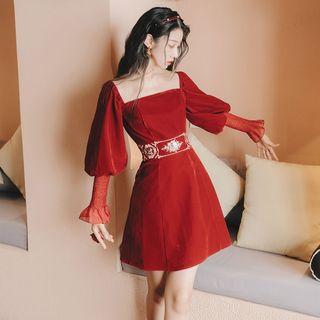 Embroidered Square-neck Puff-sleeve A-line Dress