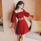 Embroidered Square-neck Puff-sleeve A-line Dress