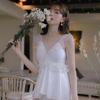 Set: Mesh Ruffled Open-back Swimsuit + Bottom