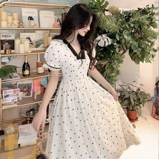 Puff-sleeve Dotted Maxi A-line Dress