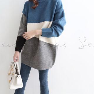 Color-block Wool Blend Knit Long Sweater