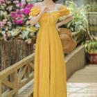 Short-sleeve Cold Shoulder Lace Trim Maxi A-line Dress