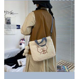Top Handle Cartoon Embroidered Fleece Crossbody Bag