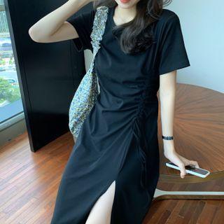 Round-neck Side-slit Short-sleeve Dress