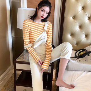 Long-sleeve Striped T-shirt / Plain Jumper Pants